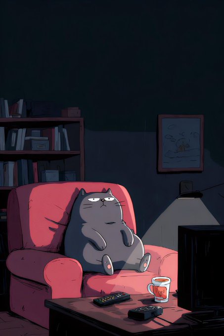 A chubby gray cat lounges with a disgruntled expression in a red armchair, watching TV with a coffee mug nearby, while remotes sit on the table—capturing the laid-back, slightly skeptical mood of someone casually asking crypto for "zero life changing losses" and "a little more luck this cycle."