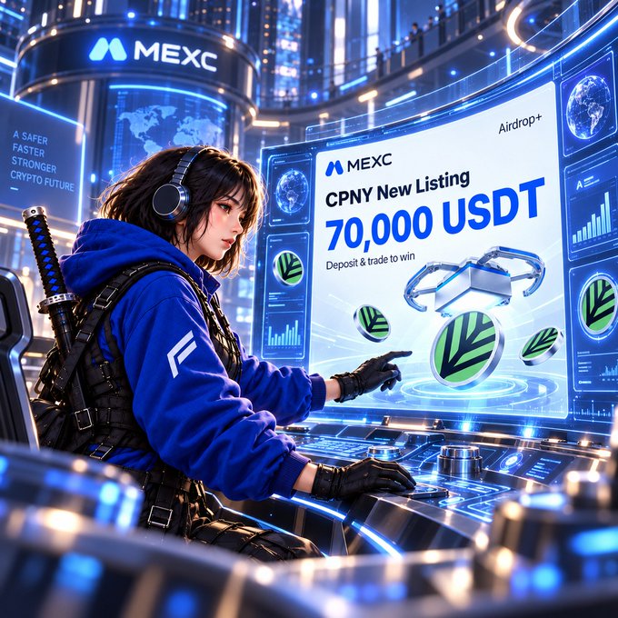 An anime-style character in a blue hoodie with headphones and a sword sits at a futuristic control station; the screen displays 'MEXC CPNY New Listing 70,000 USDT' with an airdrop+ promotion.