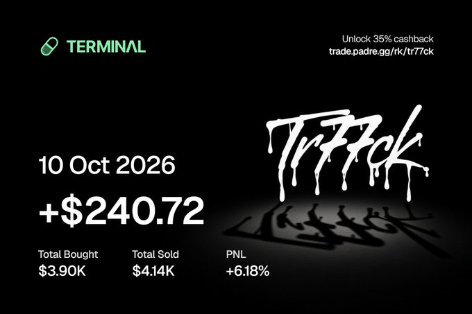 A dark promotional graphic displays 'TRFFICK' with trading statistics showing Total Bought $3.90K, Total Sold $4.14K, PNL +6.18%, and a profit of +$240.72 on 10 Oct 2026.