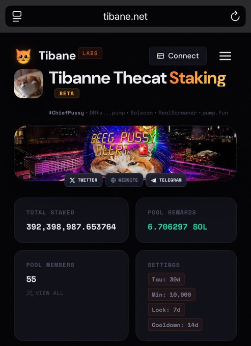 Screenshot of tibane.net showing a 'Tibanne Thecat Staking' Solana staking pool with 392,398,987.653764 total staked and 6.706297 SOL in pool rewards across 55 pool members.