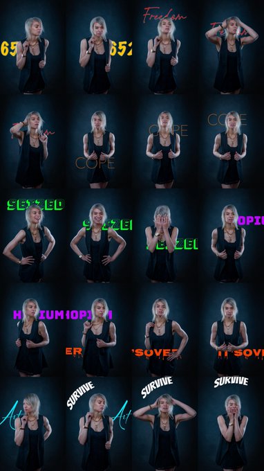 A grid of 16 photos showing a blonde woman in a black dress making various poses against a dark blue background, with overlaid text including '65', '85', 'Freedom', 'COPE', 'SETTLED', 'SUNK', 'OPTION', 'HODL', 'IMIOPSY', 'SOVEN', and 'SURVIVE'.