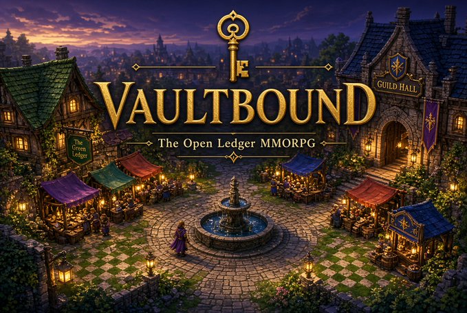 Promotional banner for 'VAULTBOUND: The Open Ledger MMORPG' featuring a fantasy marketplace scene with a key logo, 'GUILD HALL', and 'The Iron Ledger' visible.