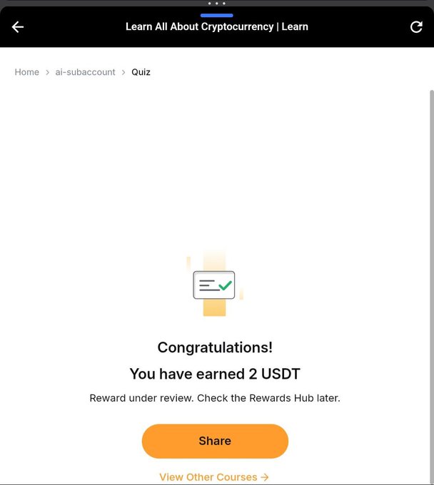 A mobile screenshot showing a "Congratulations! You have earned 2 USDT" reward screen on Bybit Learn's "AI subaccount" quiz, with the text "Reward under review. Check the Rewards Hub later" and a Share button—illustrating the final step of the free $2 Bybit quiz promotion mentioned in the post.