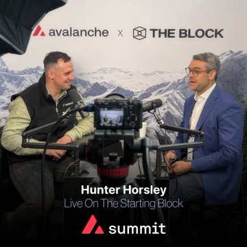 The image shows Hunter Horsley, Founder & CEO of Bitwise, being interviewed at the Avalanche x The Block Summit, with on-screen text reading "Hunter Horsley - Live On The Starting Block." He appears seated across from an interviewer in a studio setting, discussing how US stocks moving on-chain impacts both traditional finance and crypto markets.