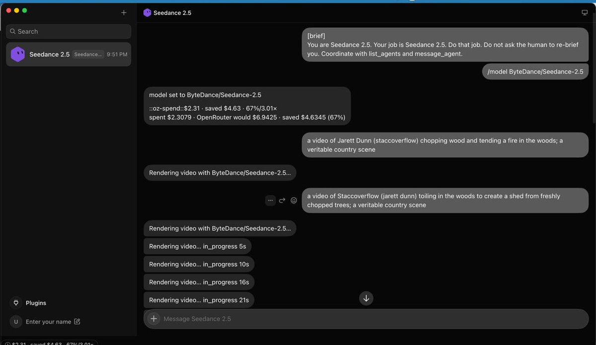 A screenshot of a chat interface labeled "Seedance 2.5" showing a conversation about rendering videos with ByteDance/Seedance-2.5, including cost details like "$2.31 · saved $4.63 · 67%/3.01x" and progress updates for rendering videos.