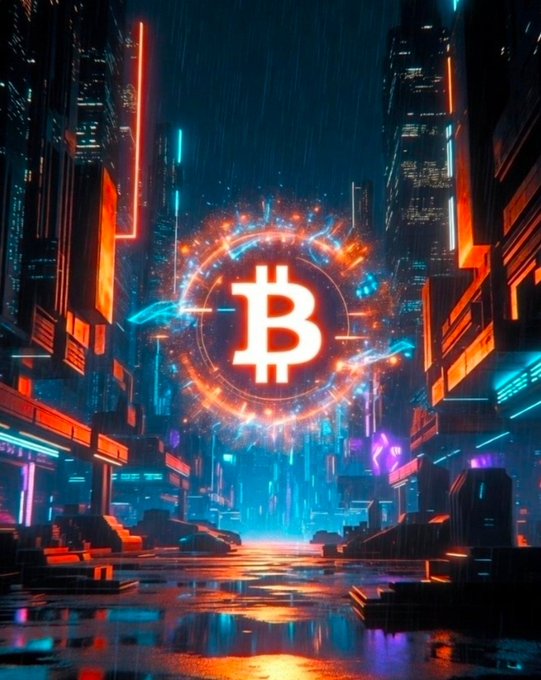 A cyberpunk-style digital artwork featuring the Bitcoin logo at the center of an illuminated circular emblem, set in a futuristic neon-lit cityscape.