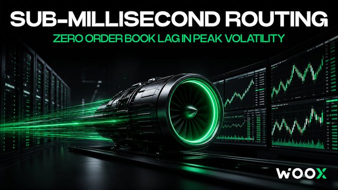 Promotional graphic for WOOX exchange reading 'SUB-MILLISECOND ROUTING - ZERO ORDER BOOK LAG IN PEAK VOLATILITY', featuring a futuristic engine with green glowing trails.