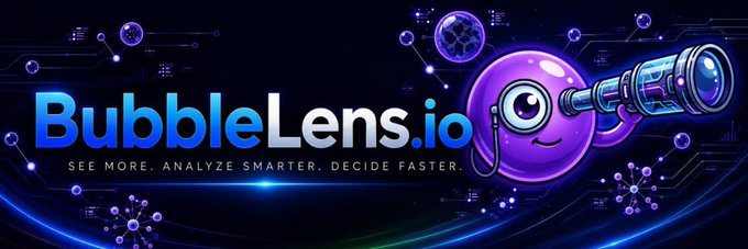 A promotional banner for "BubbleLens.io" featuring the tagline "SEE MORE. ANALYZE SMARTER. DECIDE FASTER." alongside a cartoon purple bubble character with a magnifying glass, set against a dark blue background with cosmic and network-inspired graphics. This visual serves as the official banner image for the Solana token $BBL on the Moby platform.