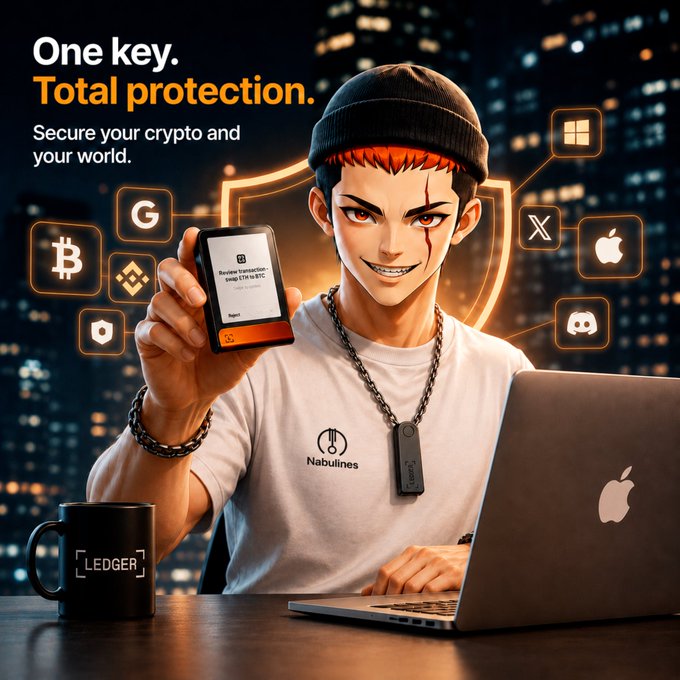 An anime-style promotional image for Ledger crypto wallet featuring a character in a beanie holding a hardware wallet, with text 'One key. Total protection. Secure your crypto and your world.'