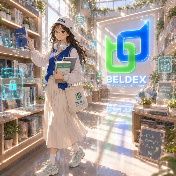 An anime-style illustration of a young woman with glasses and a cap reading a book titled "Web3" in a modern bookstore, with the "BELDEX" cryptocurrency logo and tagline "PRIVACY. FREEDOM. FUTURE" prominently displayed alongside messages like "PRIVATE & SECURE YOUR DATA," "NETWORK," and "BUILD CONNECT GROW."