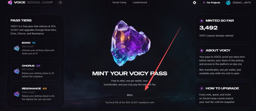 A dark webpage titled "VOICY" showing "MINT YOUR VOICY PASS" with a red arrow pointing to a mint button and tier options like ECHO, CHORUS, and RESONANCE.