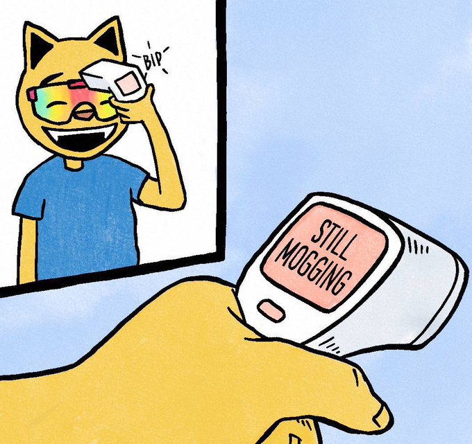 The image features a cartoon cat wearing glasses, holding a thermometer up to its forehead with both hands while smiling at the camera. Below the cat's reflection in the mirror, there is text that reads "Still Moggings". The caption above the image states "Yup #Yup gmog", which could be interpreted as a humorous response from the cat or an amusing observation about the thermometer reading.

The post seems to be related to the cartoon cat's thermometer reading, possibly suggesting that the cat is experiencing a fever and needs to take its temperature. The image has been shared on social media platforms with the caption "Yup #Yup gmog", which could indicate that it was created as part of a joke or humorous response to the thermometer reading.