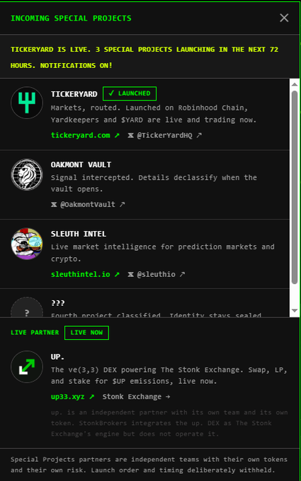 'INCOMING SPECIAL PROJECTS' announcement listing TickerYard (LAUNCHED), Oakmont Vault, Sleuth Intel, a fourth classified project, and Live Partner information for up33.xyz / Stonk Exchange.