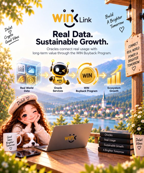 The image is a promotional graphic for WINkLink featuring a cute cartoon girl with a puppy using a laptop in a cozy lakeside setting, alongside infographics illustrating the "Real Data. Sustainable Growth." message — showing the flow from Real World Data → Oracle Services → WIN Buyback Program → Ecosystem Growth. The accompanying post highlights WINkLink's oracle services as a sustainable growth driver, emphasizing how the WIN Buyback Program ties real-world usage to long-term token value, with the post referencing a $1.00M JustLend milestone to underscore the practical, measurable impact of this mechanism.