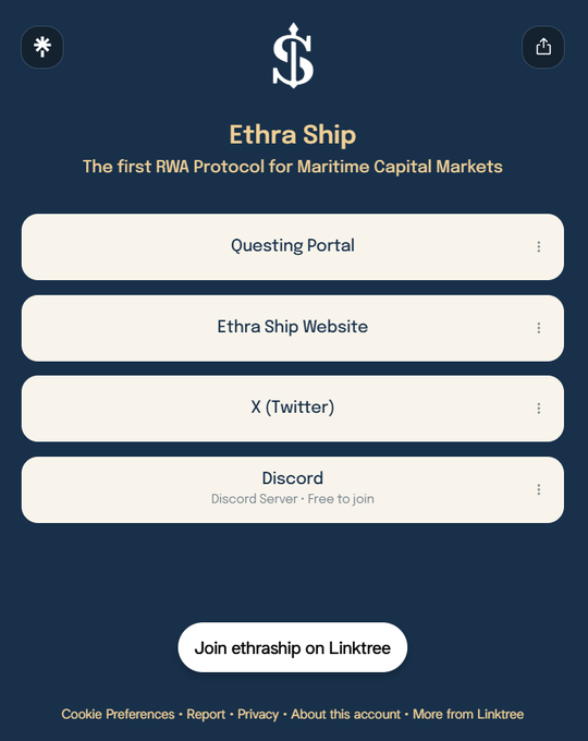 The image shows a Linktree page for "Ethra Ship," described as "The first RWA Protocol for Maritime Capital Markets," featuring links to its Questing Portal, Website, X (Twitter), and Discord server. This relates to the post highlighting the author's appreciation for Ethra Ship, a web3 project that brings blockchain innovation to the often-overlooked shipping industry.