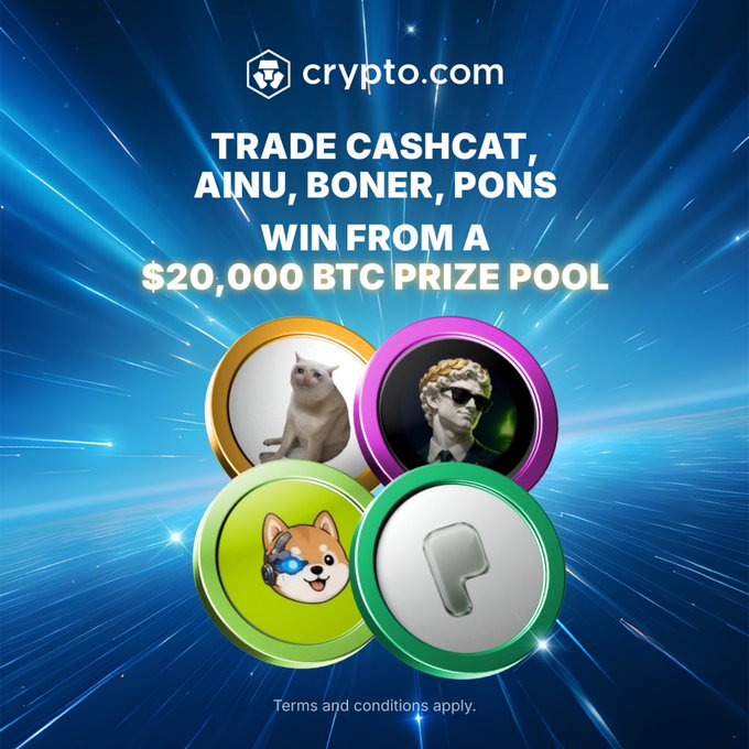 A crypto.com advertisement featuring four circular tokens (a cat, a man, a Shiba Inu, and a 'P') against a blue starburst background, promoting 'TRADE CASHCAT, AINU, BONER, PONS WIN FROM A $20,000 BTC PRIZE POOL'.