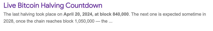 A text snippet with the purple header 'Live Bitcoin Halving Countdown' stating: 'The last halving took place on April 20, 2024, at block 840,000. The next one is expected sometime in 2028, once the chain reaches block 1,050,000.'
