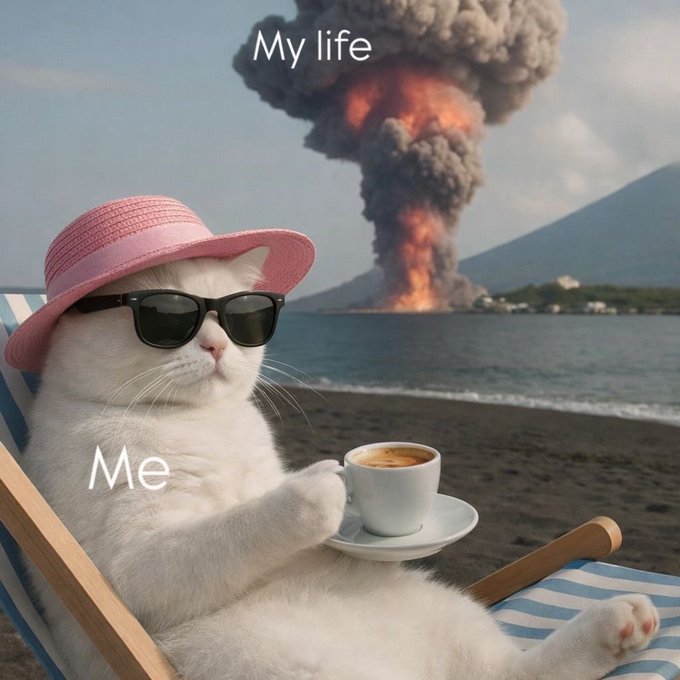 The image features a white cat sitting comfortably on a beach chair with sunglasses on its head and holding a cup of coffee. The background shows an explosion or fire, which could be related to a volcano or another type of natural disaster. The caption below the photo reads "My life", suggesting that this scene is part of someone's personal experience or reflection.