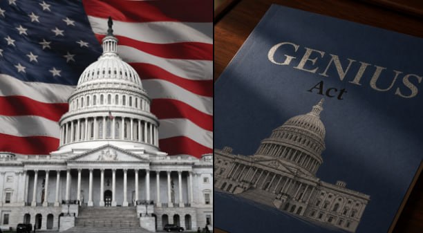 The image shows the U.S. Capitol building against an American flag alongside a document titled "GENIUS Act," visually representing the stablecoin legislation discussed in the post about missed regulatory deadlines for finalizing stablecoin rules ahead of the January 18th, 2027 effective date.