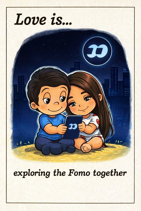A cartoon-style Valentine's card reads 'Love is...' at the top and 'exploring the Fomo together' at the bottom, featuring a couple looking at a phone displaying a stylized 'w' or infinity symbol under a starry night sky.