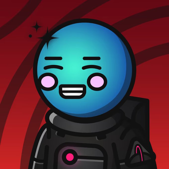 A cartoon illustration shows a blue spherical character in a black spacesuit with a pink light on the chest, smiling with pink cheeks against a red background with sparkle effects.