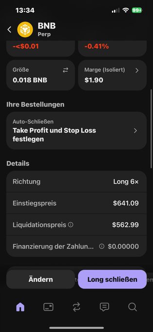 The image shows an iPhone screen displaying information about Bitcoin trading. The main focus of the image is a cell phone with a Bitcoin trading app, which has a purple button labeled "Long schlchen" at the bottom right corner. The text on the screen indicates that BNB 6x is free and 7/8+ x is a gamble in a world crisis problem. It also mentions that there was already a liquidation event of 760 days ago.