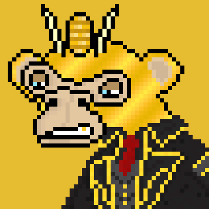 Pixel art portrait of a character with blonde hair, a small crown/horns, a gold tooth, and an ornate black and gold outfit on a yellow background.