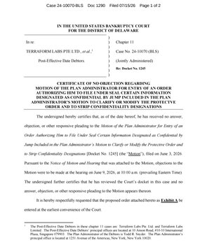 U.S. District Court document, Case 24-10070 (BLS), titled 'Motion of the Plan Administrator for Entry of an Order Authorizing and Directing the Filing of Redactions to Confidential Information,' filed in TerraForm Labs PTE LTD, et al. Post-Effective Date Debtors.