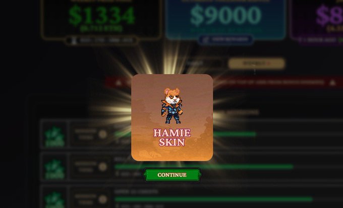 A game reward screen showing a character called 'HAMIE SKIN' with a green 'CONTINUE' button, set against a blurred background displaying prices like $1334 and $9000.