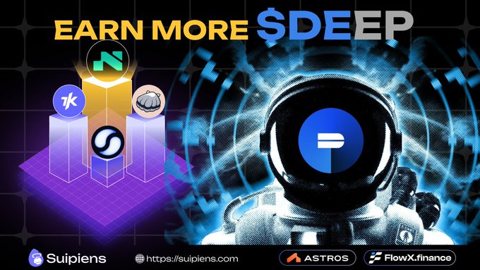 The image features a poster promoting a cryptocurrency called $DEEP. The poster includes an illustration of a person wearing a spacesuit with the text "Earn More SDEEP" above them, along with three different types of coins displayed below. One coin is a blue and white hexagon, another is a black and white hexagon, and the third one is a purple and white hexagon. The poster also includes a website address for more information about the cryptocurrency.