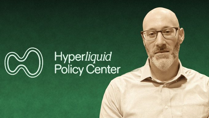 A bald man with glasses stands against a green background alongside the "Hyperliquid Policy Center" logo. The image ties to the post's commentary about Hyperliquid ($HYPE) and its push toward public blockchain infrastructure, visually anchoring the commentary with the project's branded policy center.
