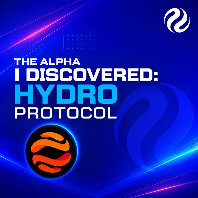 A bold promotional graphic on a blue background declares "THE ALPHA I DISCOVERED: HYDRO PROTOCOL" in large white and cyan text, accompanied by the project's orange and black circular logo and a water-drop icon in the upper right corner, visually introducing Hydro Protocol as the "alpha" Injective-based project mentioned in the post.