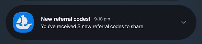 A mobile notification from an app with a sailboat icon stating 'New referral codes! 9:18 pm - You've received 3 new referral codes to share.'
