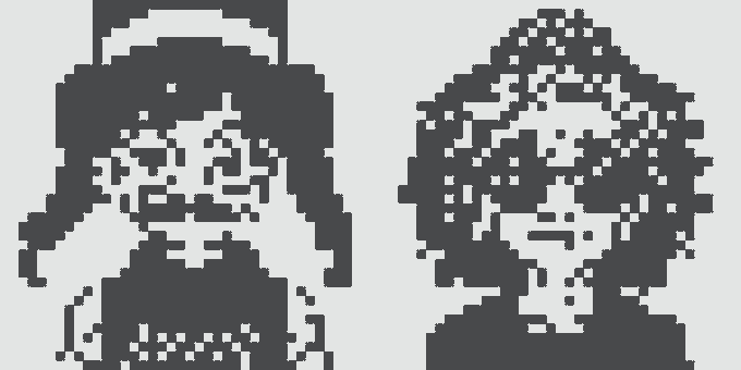 Two pixel-art style black and white character portraits side-by-side, one wearing a hat and the other with spiky hair.
