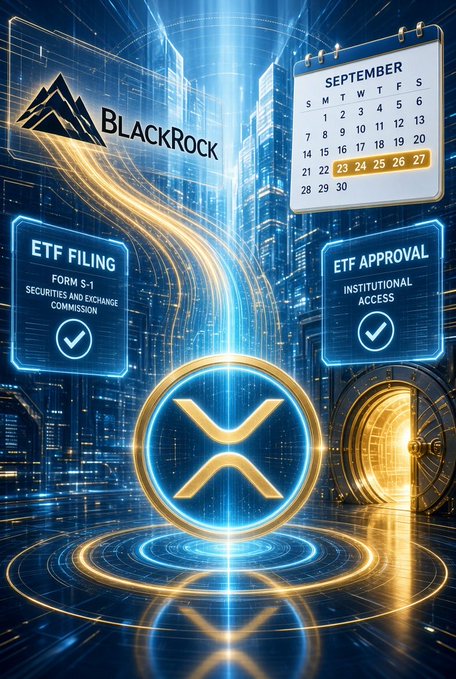 The image is a digital graphic featuring the BlackRock logo and name prominently in the upper left, alongside a September calendar highlighting dates 23-27 in gold, and two informational panels: an "ETF FILING" panel noting "FORM S-1" and "SECURITIES AND EXCHANGE COMMISSION" with a checkmark, and an "ETF APPROVAL" panel indicating "INSTITUTIONAL ACCESS" also with a checkmark. At the center, a glowing XRP logo radiates gold and blue light within a futuristic, cityscape-inspired backdrop, symbolizing the anticipation that BlackRock will file and gain approval for an XRP Spot ETF shortly after new SEC and CFTC guidelines are established, potentially driving XRP's price to triple digits.