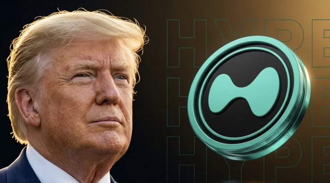 A graphic featuring Donald Trump on the left side alongside a teal and black Hyperliquid (HYPE) cryptocurrency coin/token on the right.