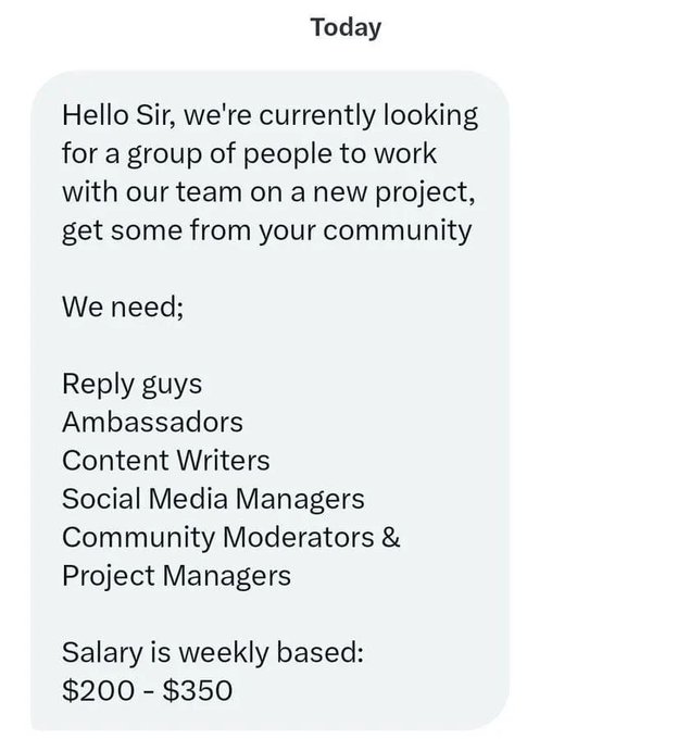 A text message dated "Today" lists job openings including Ambassadors, Content Writers, Social Media Managers, Community Moderators, and Project Managers, offering a weekly salary of $200-$350, matching the accompanying post advertising Web3 enthusiast positions.