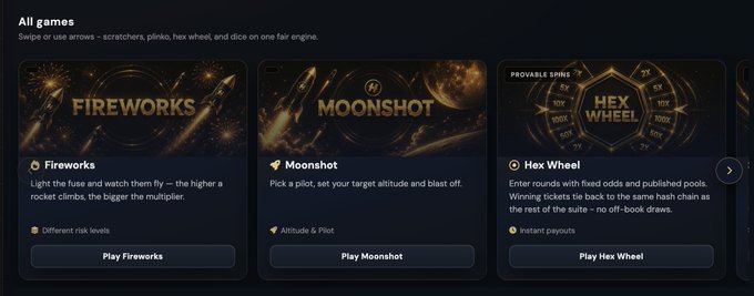 A crypto gambling site showing three game options: Fireworks, Moonshot, and Hex Wheel.