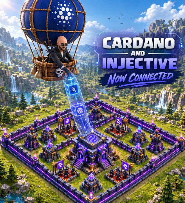 Promotional artwork for 'CARDANO AND INJECTIVE Now Connected' showing a character in a hot air balloon dropping data cubes into a purple fortress complex.