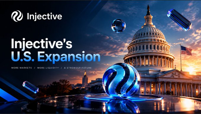 Injective promotional banner announcing 'Injective's U.S. Expansion' with the tagline 'MORE MARKETS / MORE LIQUIDITY / A STRONGER FUTURE' featuring the U.S. Capitol building.
