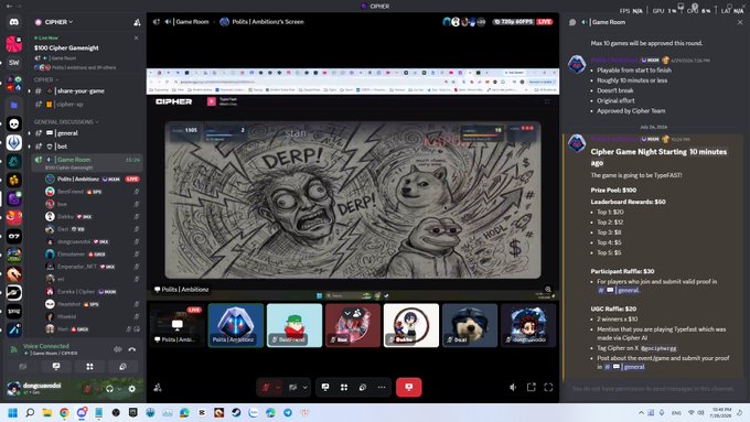 A Discord screen share view showing a 'Cipher Game Night' stream with a drawing of 'DERPI' faces, alongside a panel detailing prizes like a 'Nintendo Switch' and participation raffles.
