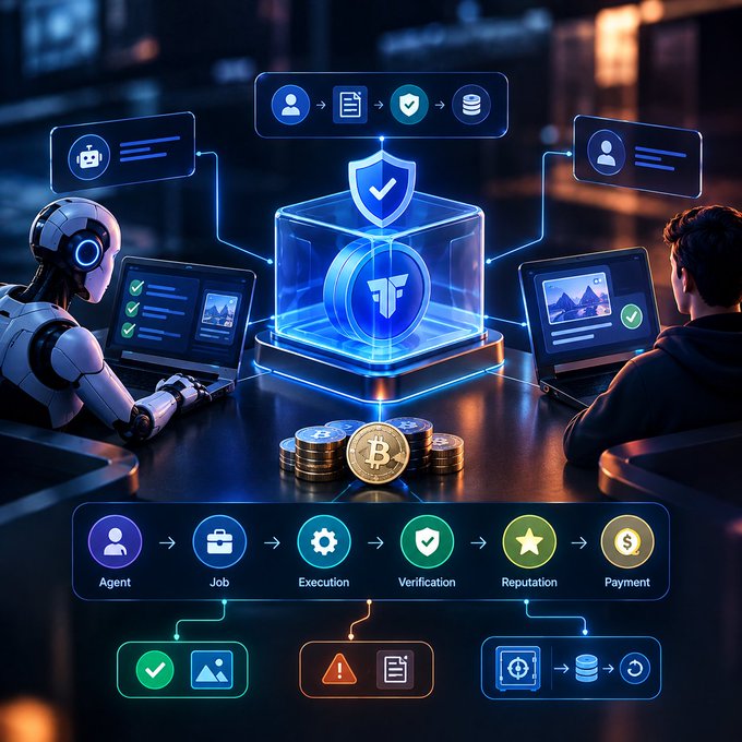A futuristic AI/crypto-themed illustration showing a robot and human working at laptops connected to a central glowing cube with a 'T' shield logo, depicting a workflow diagram with stages: Agent → Job → Execution → Verification → Reputation → Payment, with Bitcoin coins in the foreground.