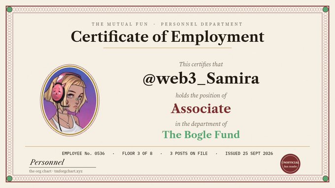 A 'Certificate of Employment' from 'The Mutual Fun - Personnel Department' certifying that '@web3_Samira' holds the position of 'Associate' in 'The Bogle Fund,' dated September 25, 2026.