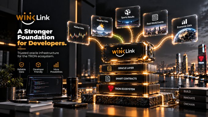 A promotional graphic for WINkLink featuring the tagline 'A Stronger Foundation for Developers,' highlighting it as a 'Trusted oracle infrastructure for the TRON ecosystem' with categories including Market Data, Weather Data, Sports Results, Real-World Events, and Economic Data.