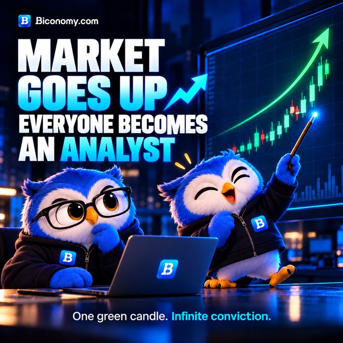 A Biconomy.com advertisement titled 'MARKET GOES UP EVERYONE BECOMES AN ANALYST' depicting two cartoon blue owls, with the tagline 'One green candle. Infinite conviction.'