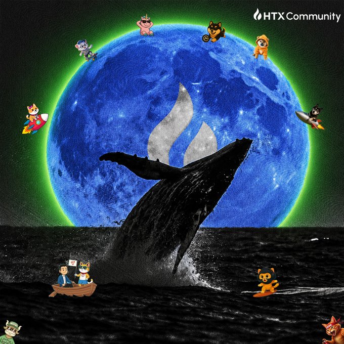 A majestic humpback whale breaching under a glowing blue moon serves as the centerpiece, surrounded by small cartoon characters including dogs, cats, and a rocket-riding figure, with the "HTX Community" logo displayed in the corner. The whale imagery directly ties to the post's message of "thinking like a whale"—a nod to the crypto community's term for investors making big, confident moves—while the playful characters represent HTX Community members backing their chosen coins.