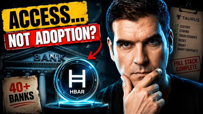 A promotional image featuring a man with text reading 'ACCESS... NOT ADOPTION?' highlighting HBAR cryptocurrency adoption by 40+ banks, with notes about 'CUSTODY, STAKING, TOKEN ISSUANCE, NODES, SMART SMART CONTRACTS' and 'FULL STACK COMPLETE'.