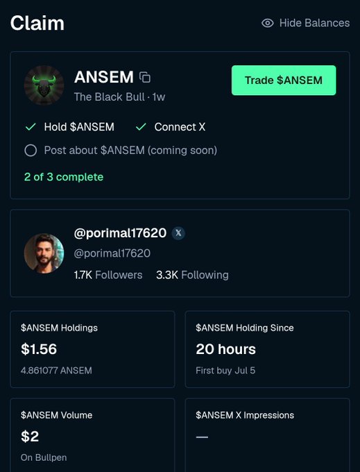 Crypto claim dashboard showing $ANSEM token with profile @porimal17620 (1.7K followers), displaying holdings of $1.56 (4.861077 ANSEM) held for 20 hours, with a 'Trade $ANSEM' button and a completion status of 2 of 3.