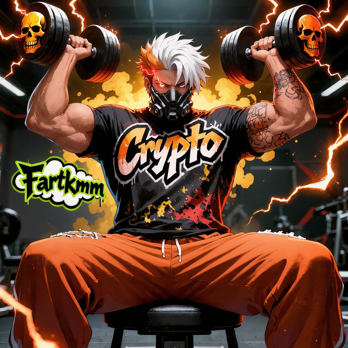 An anime-style illustration shows a muscular, masked character with white hair lifting skull-decorated dumbbells, wearing a black "Crypto" t-shirt and orange pants, with a "Fartkmm" logo in the corner.
