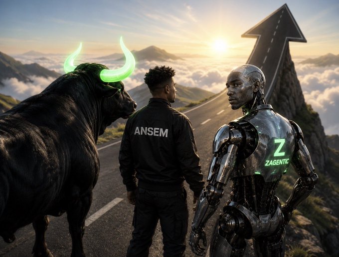A person labeled "ANSEM" in a black jacket stands beside a metallic humanoid labeled "ZAGENTIC" on a mountain road, with a black bull featuring glowing green horns nearby and an upward arrow pointing toward the sun.